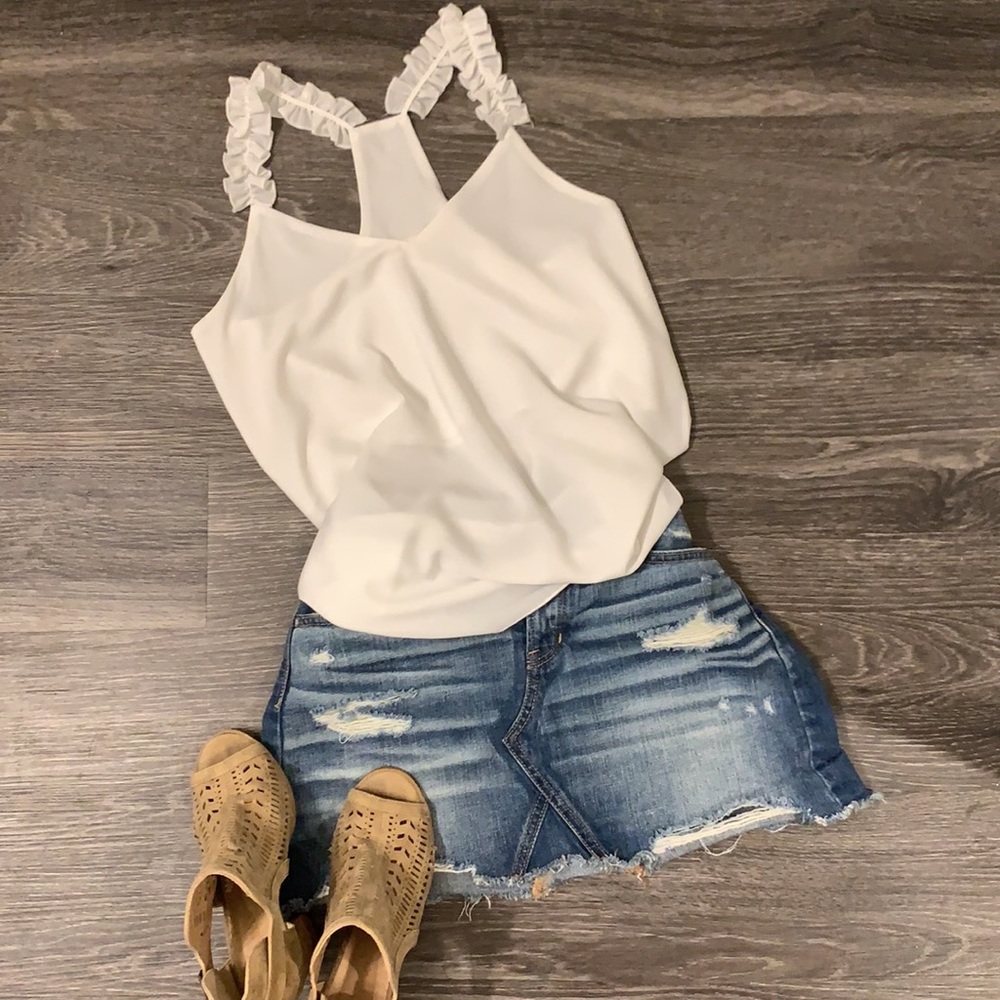 White v-neck tank with ruffle straps